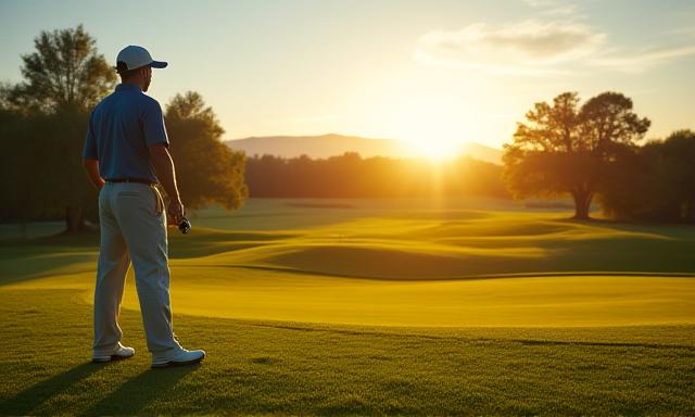 Giocatore di golf che osserva il green all'alba